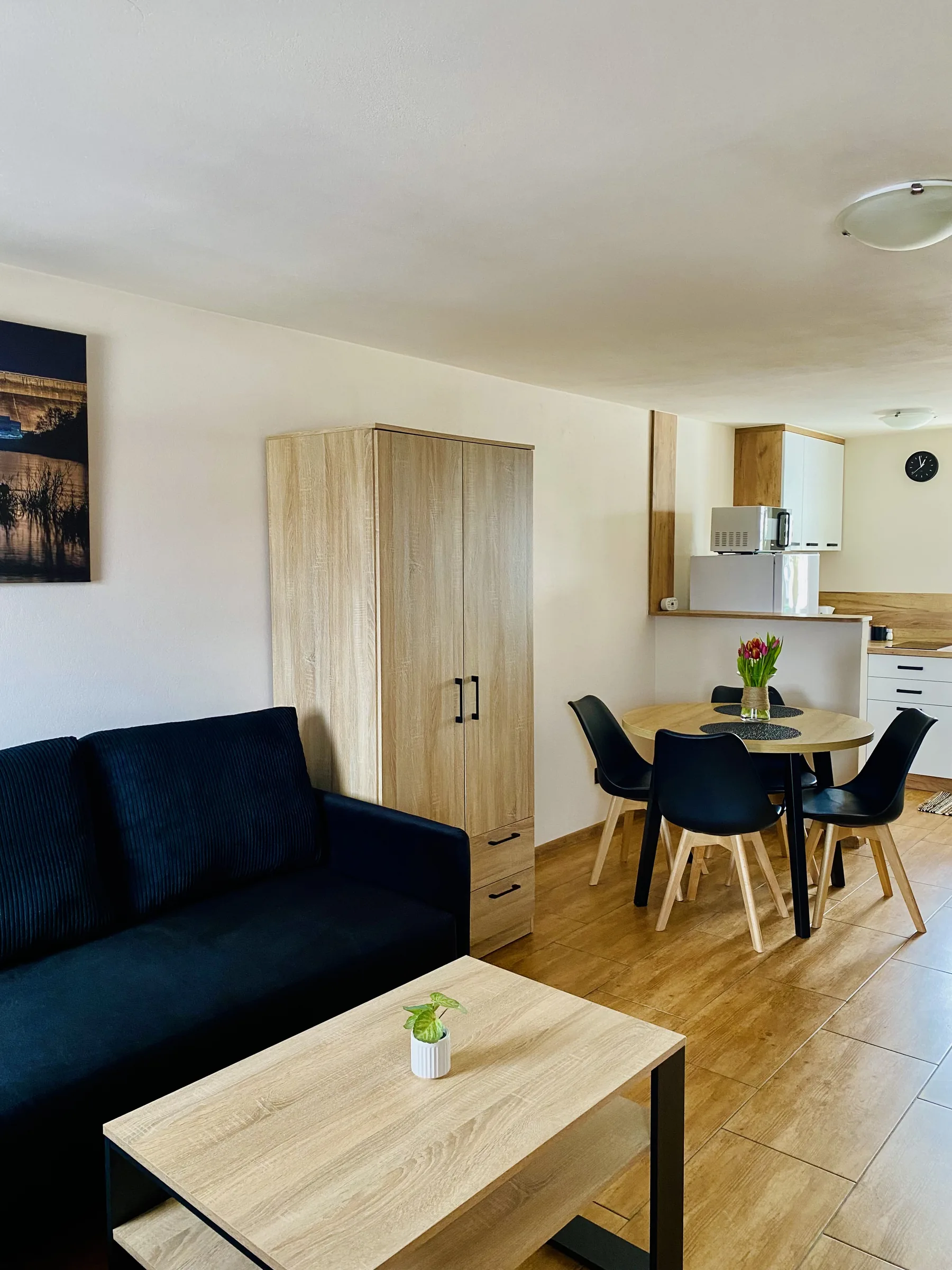 Salon z granatową kanapą, jadalnią i aneksem kuchennym